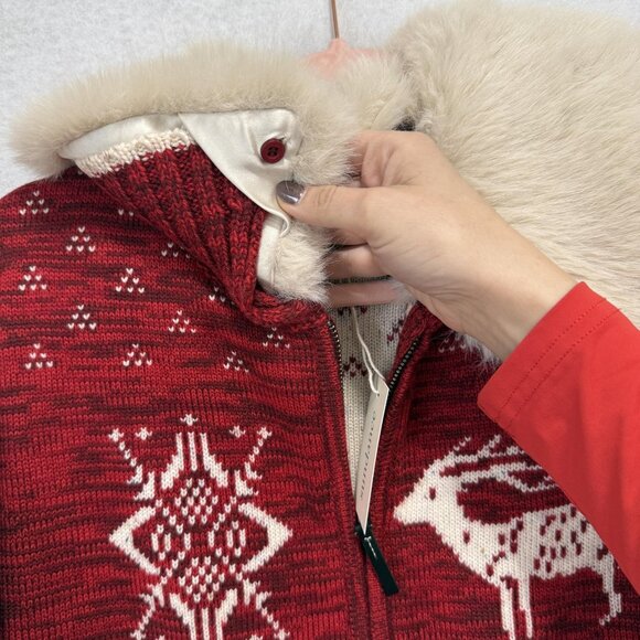 Sundance Sweater Womens Small Red Zip Cardigan Faux Fur Collar Wool Blend Nordic - Picture 5 of 9
